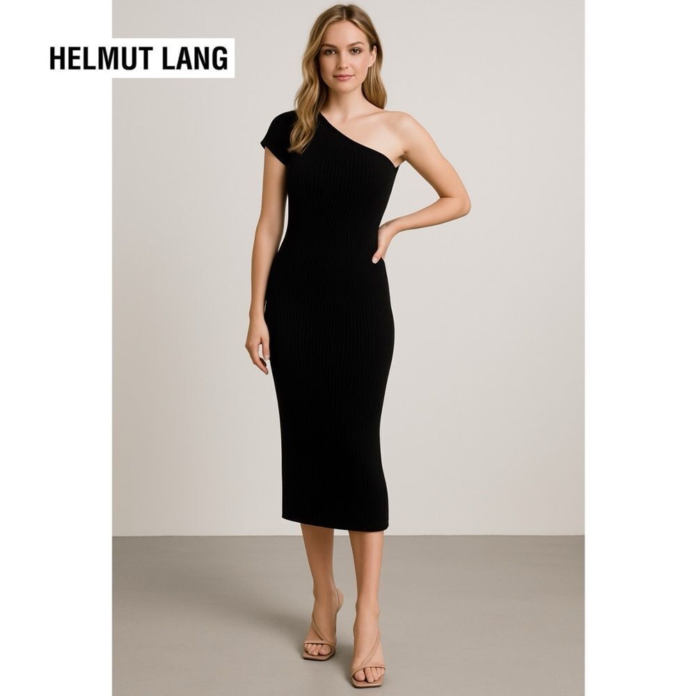 Helmut Lang Black Ribbed Knit One Shoulder Short Sleeve Fitted Midi Dress S